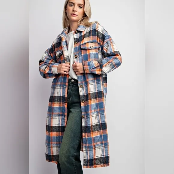 ⭐ Easel Plus Size Plaid Longline coat - Blue and Orange