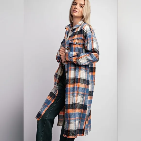 ⭐ Easel Plus Size Plaid Longline coat - Blue and Orange