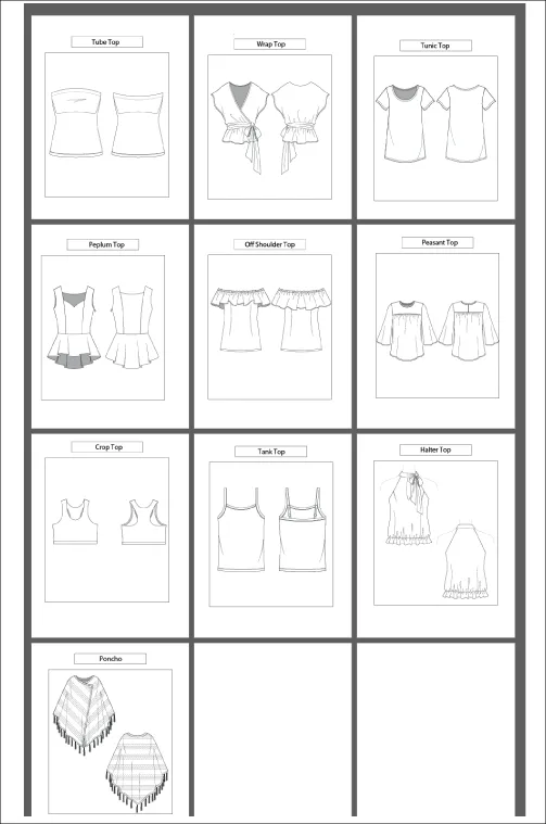 10 women's Tops/ Shirt Types: Fashion Sketch and Vector Illustrations, Flat Sketch Front and Back View Template Included