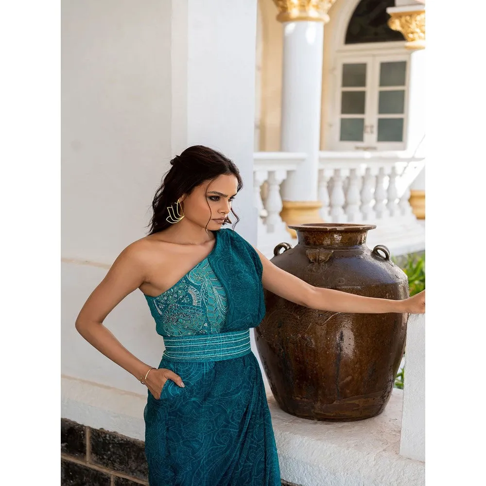 17 : 17 by Simmi Saboo Teal Mandala Half Yoke Drape Jumpsuit Embroidered Belt (Set of 2)