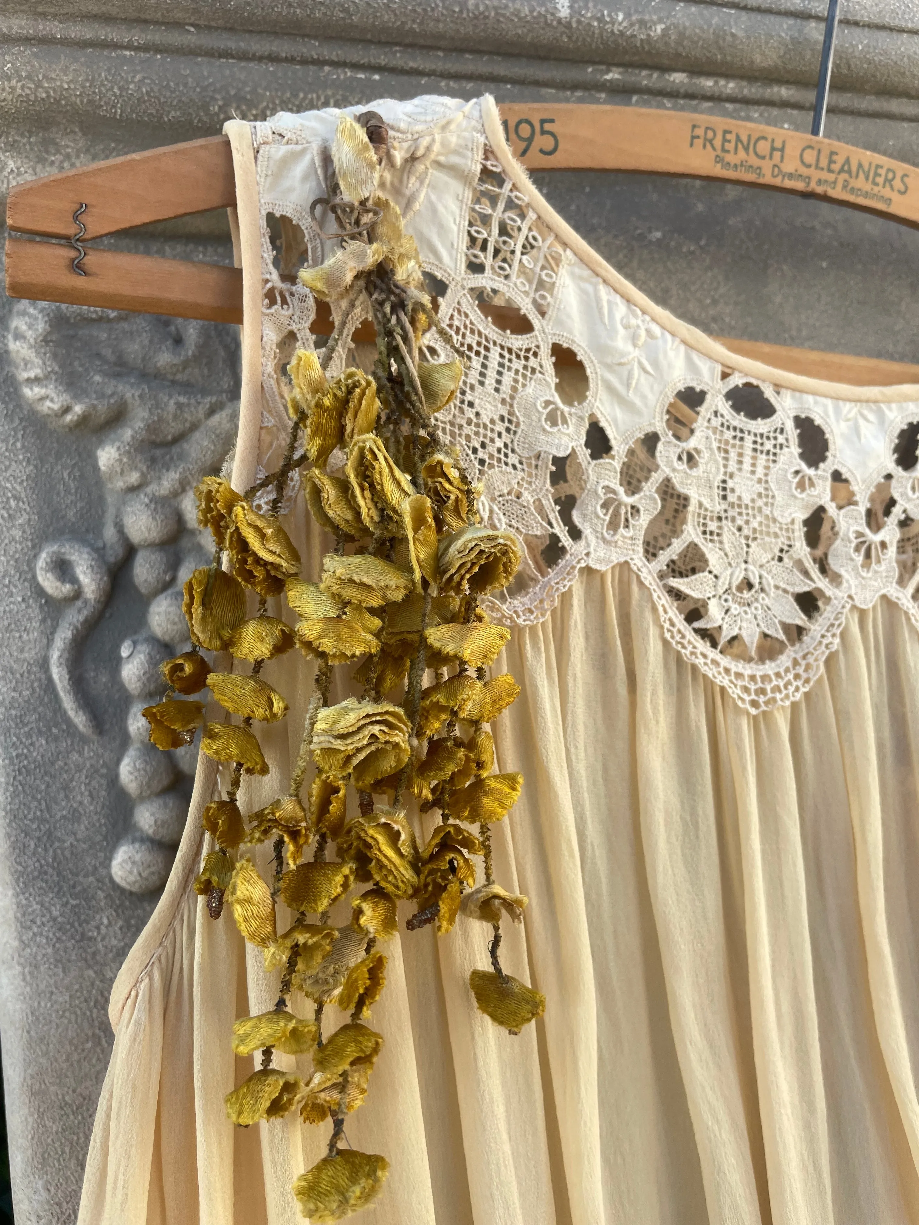 1920s Tasseled Drop Waist Scalloped Lace Work Ecru Crepe Chiffon Dress