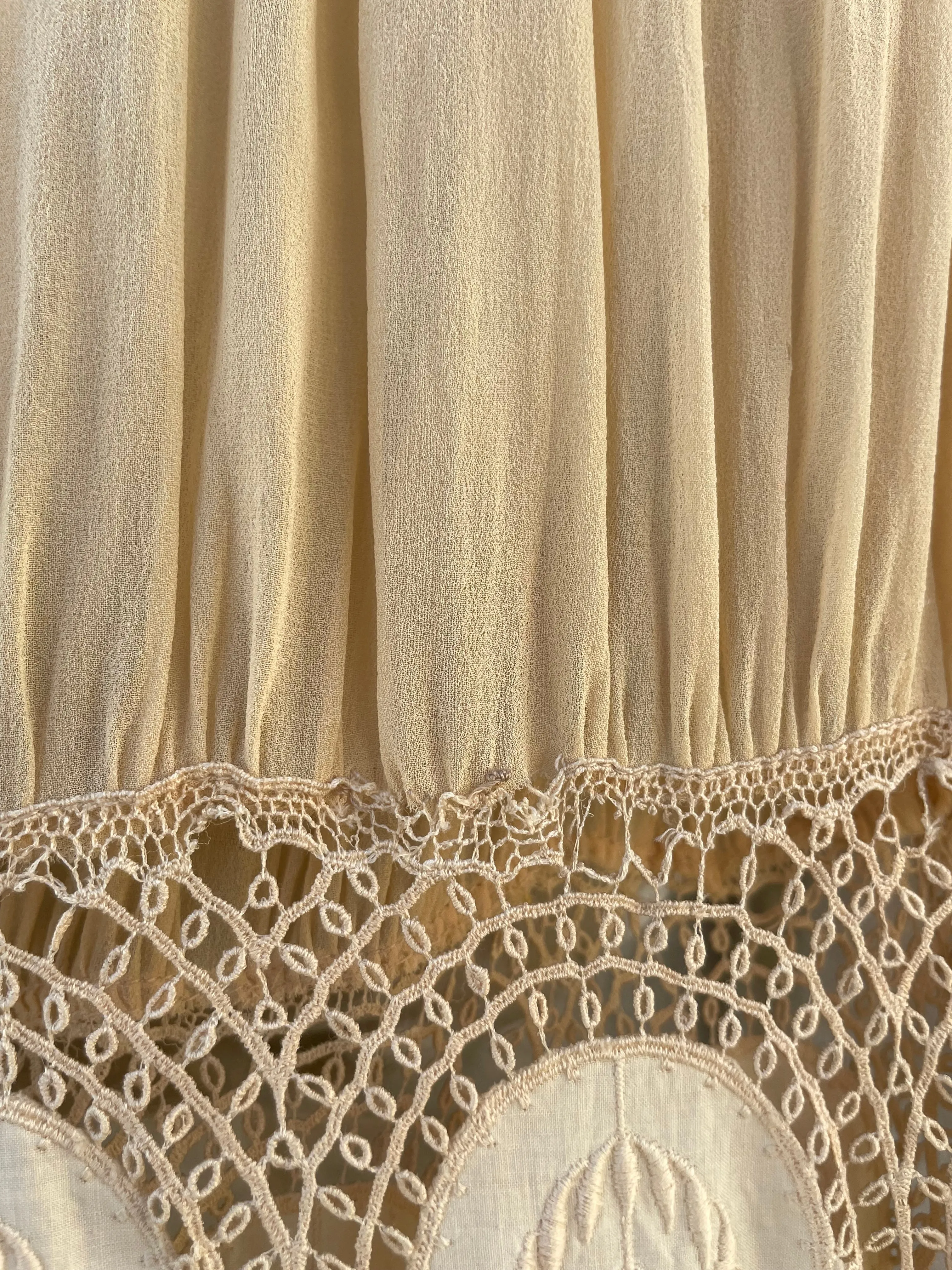 1920s Tasseled Drop Waist Scalloped Lace Work Ecru Crepe Chiffon Dress