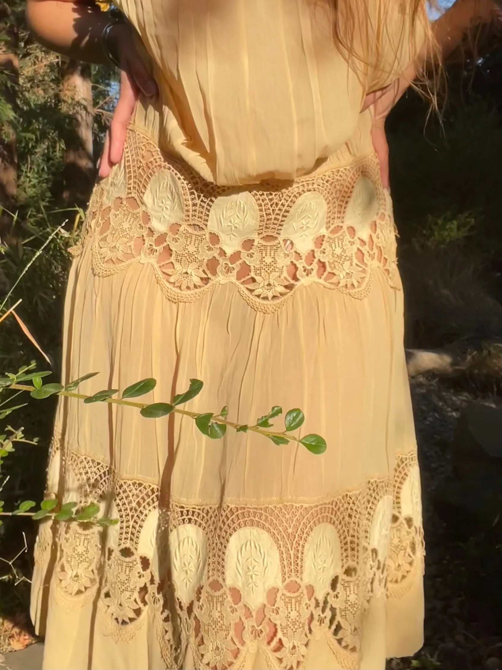 1920s Tasseled Drop Waist Scalloped Lace Work Ecru Crepe Chiffon Dress