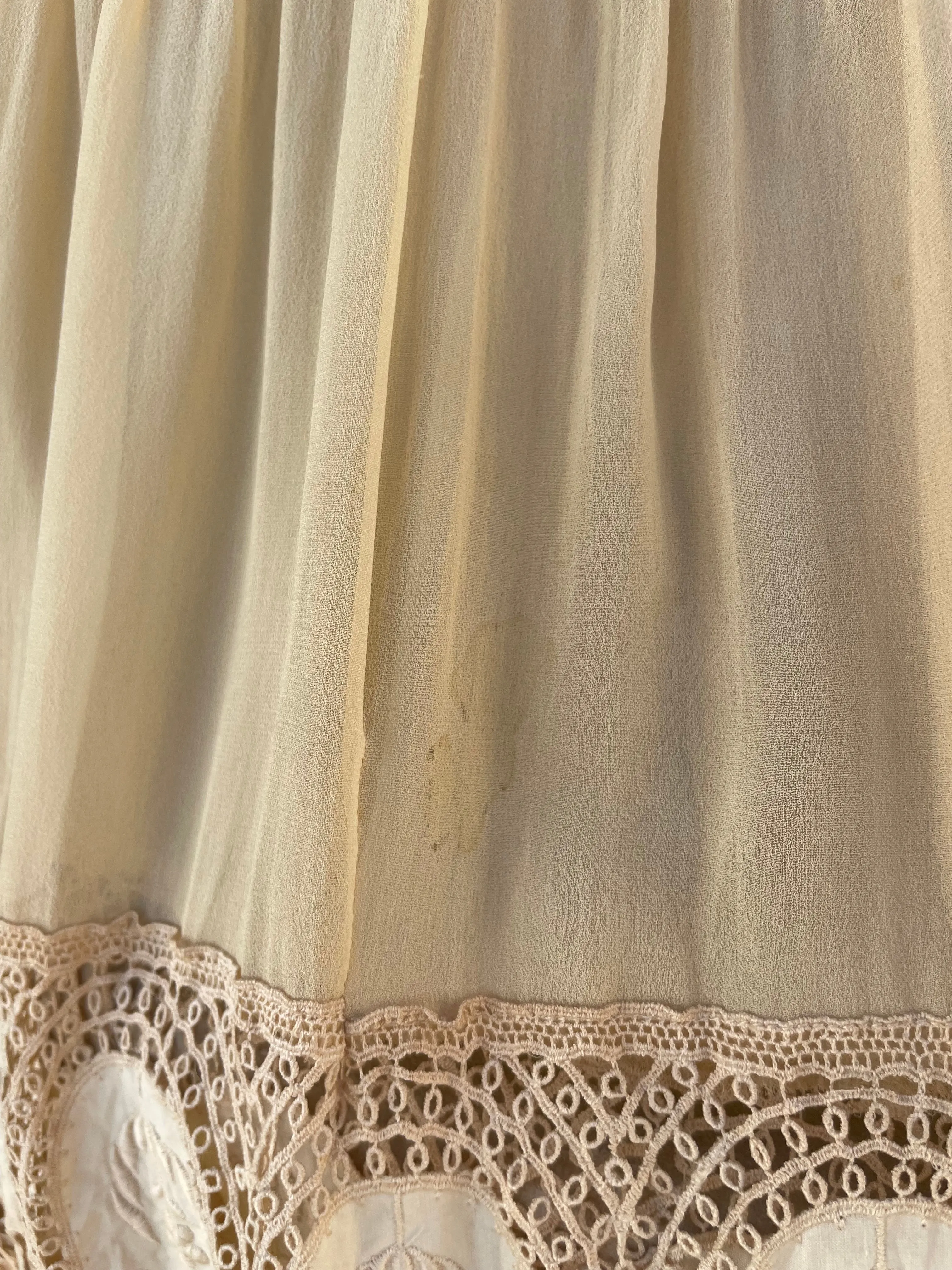 1920s Tasseled Drop Waist Scalloped Lace Work Ecru Crepe Chiffon Dress
