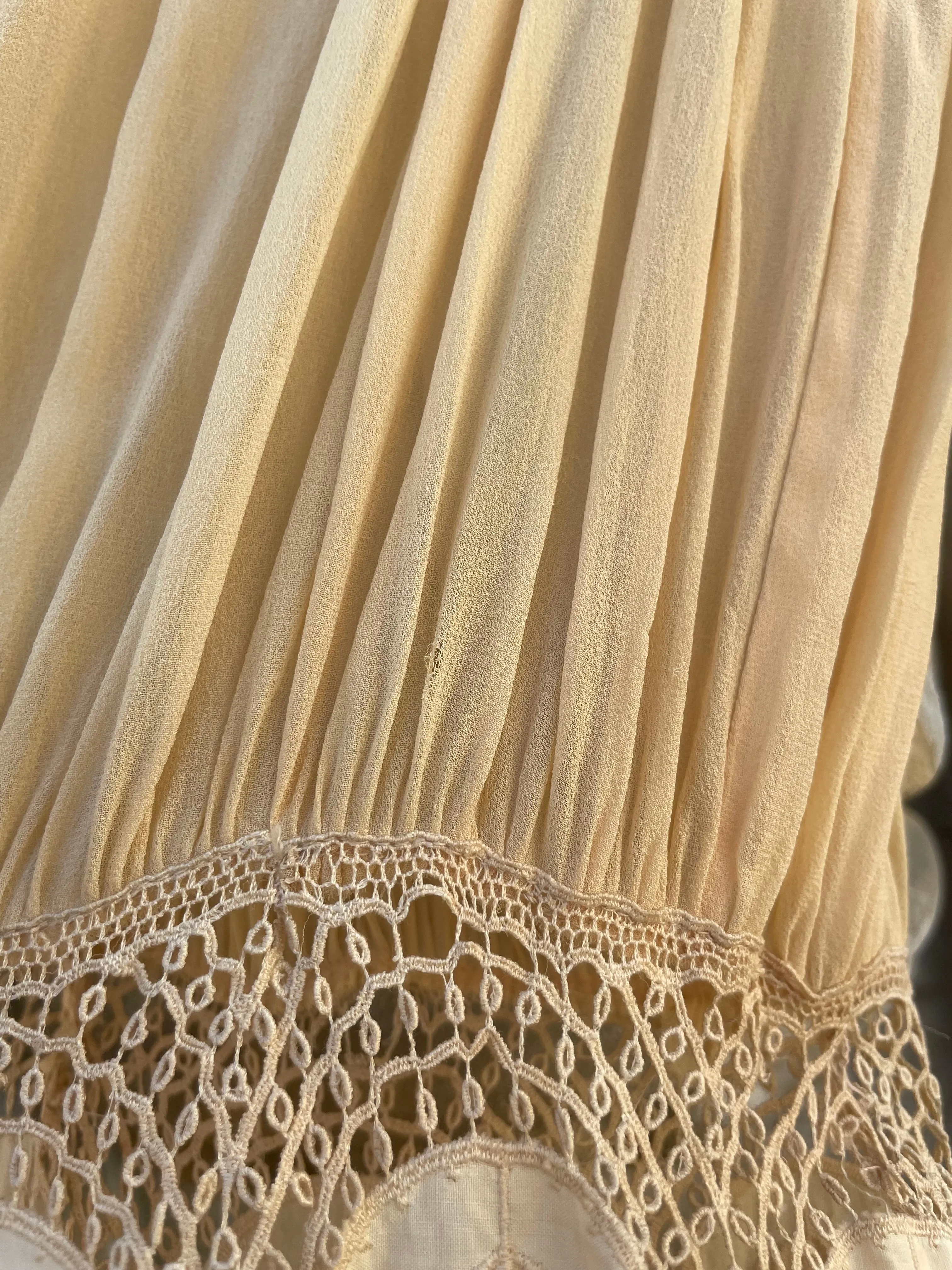 1920s Tasseled Drop Waist Scalloped Lace Work Ecru Crepe Chiffon Dress