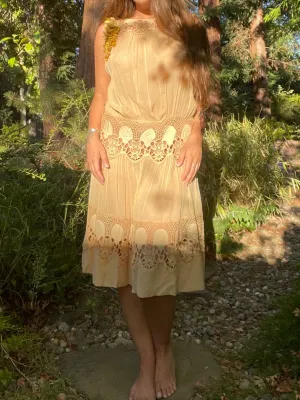 1920s Tasseled Drop Waist Scalloped Lace Work Ecru Crepe Chiffon Dress