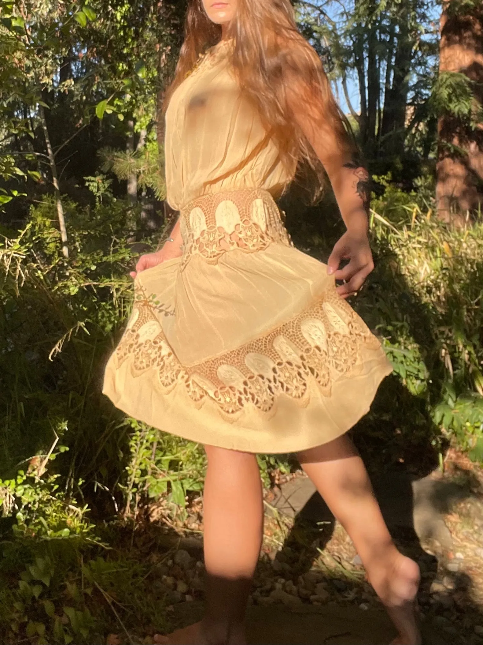 1920s Tasseled Drop Waist Scalloped Lace Work Ecru Crepe Chiffon Dress