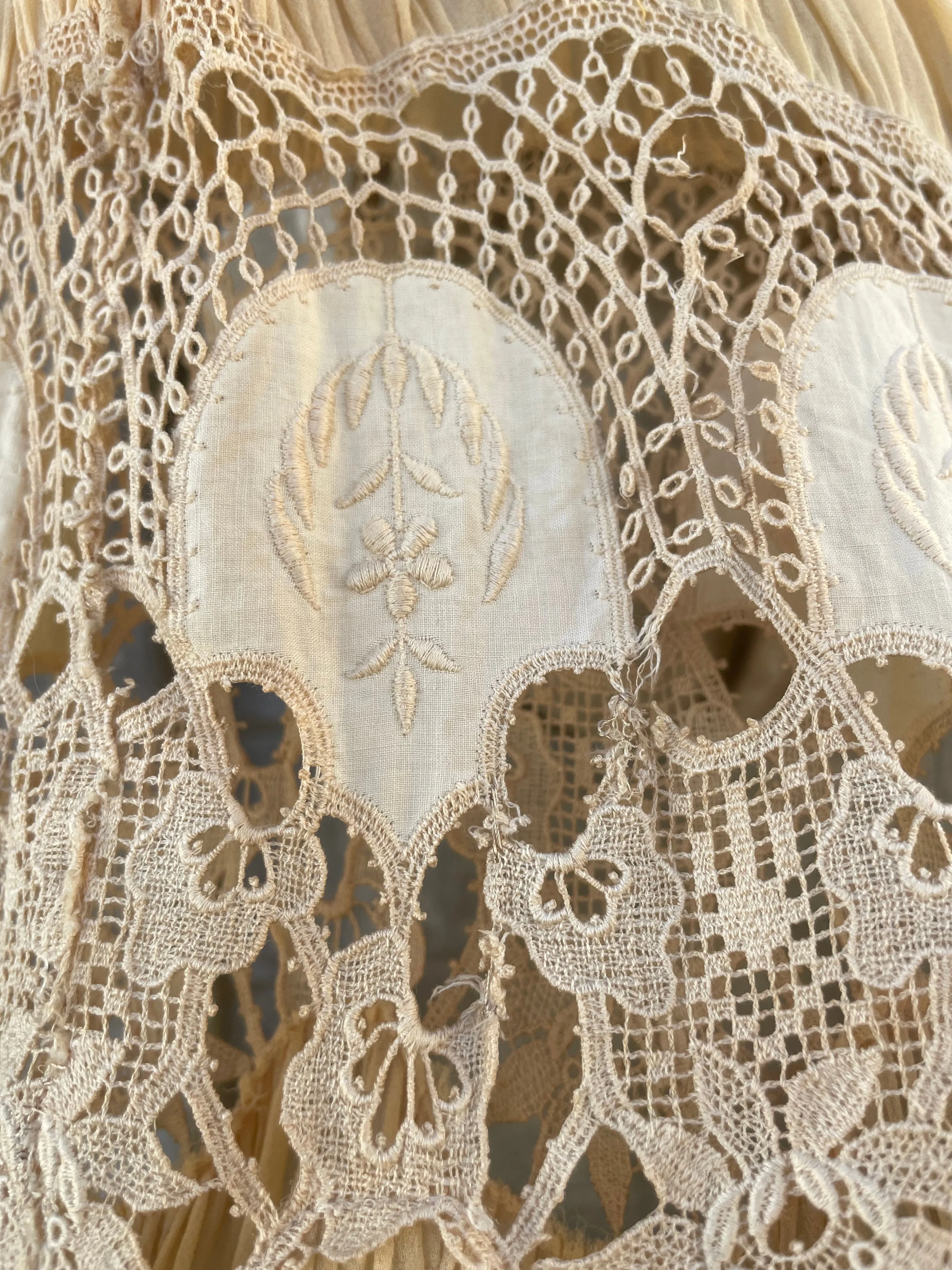 1920s Tasseled Drop Waist Scalloped Lace Work Ecru Crepe Chiffon Dress