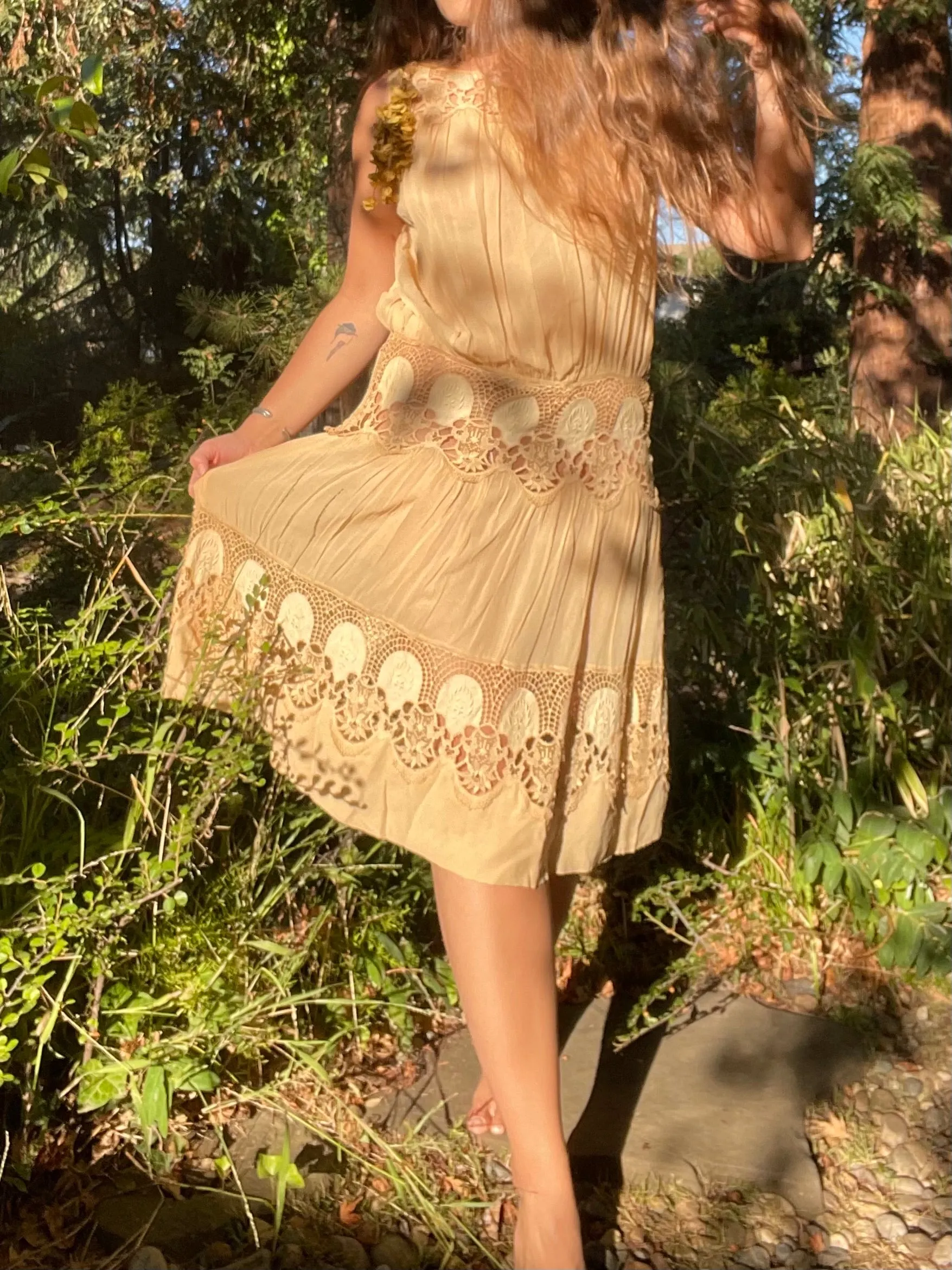 1920s Tasseled Drop Waist Scalloped Lace Work Ecru Crepe Chiffon Dress