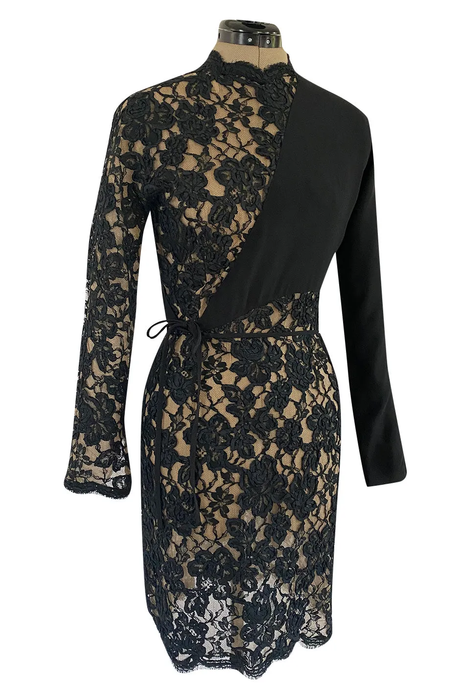 1990s Geoffrey Beene Black Ribbon Net Lace Dress w Nude Interior & Tied Panel Detailing