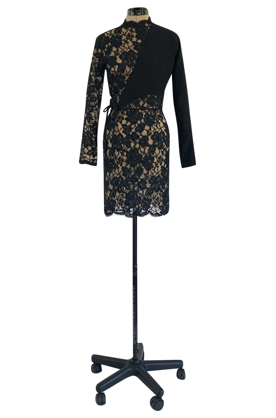 1990s Geoffrey Beene Black Ribbon Net Lace Dress w Nude Interior & Tied Panel Detailing