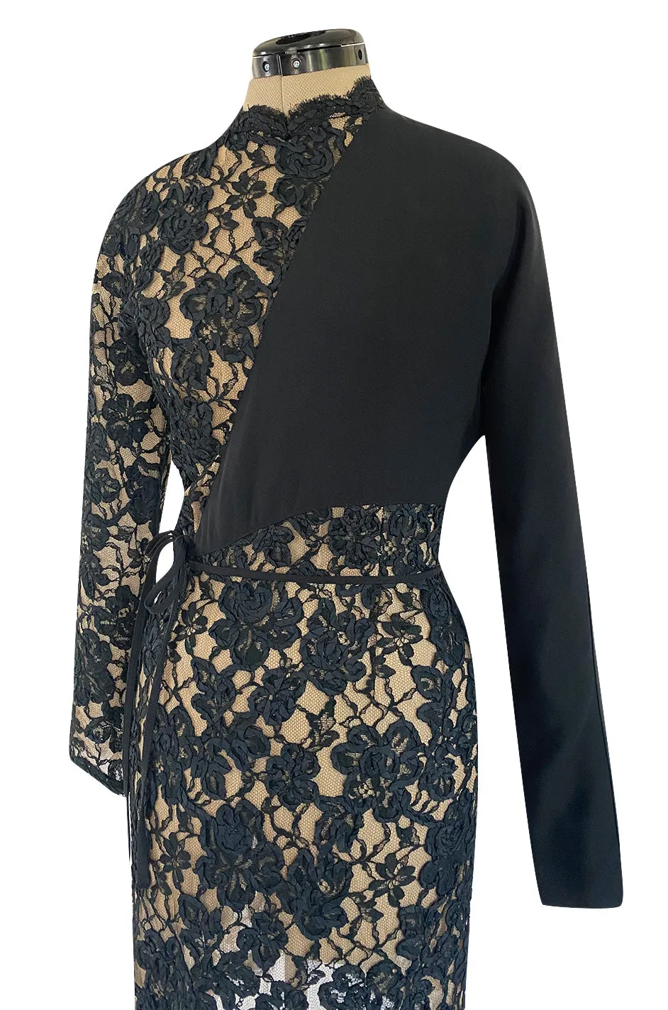 1990s Geoffrey Beene Black Ribbon Net Lace Dress w Nude Interior & Tied Panel Detailing