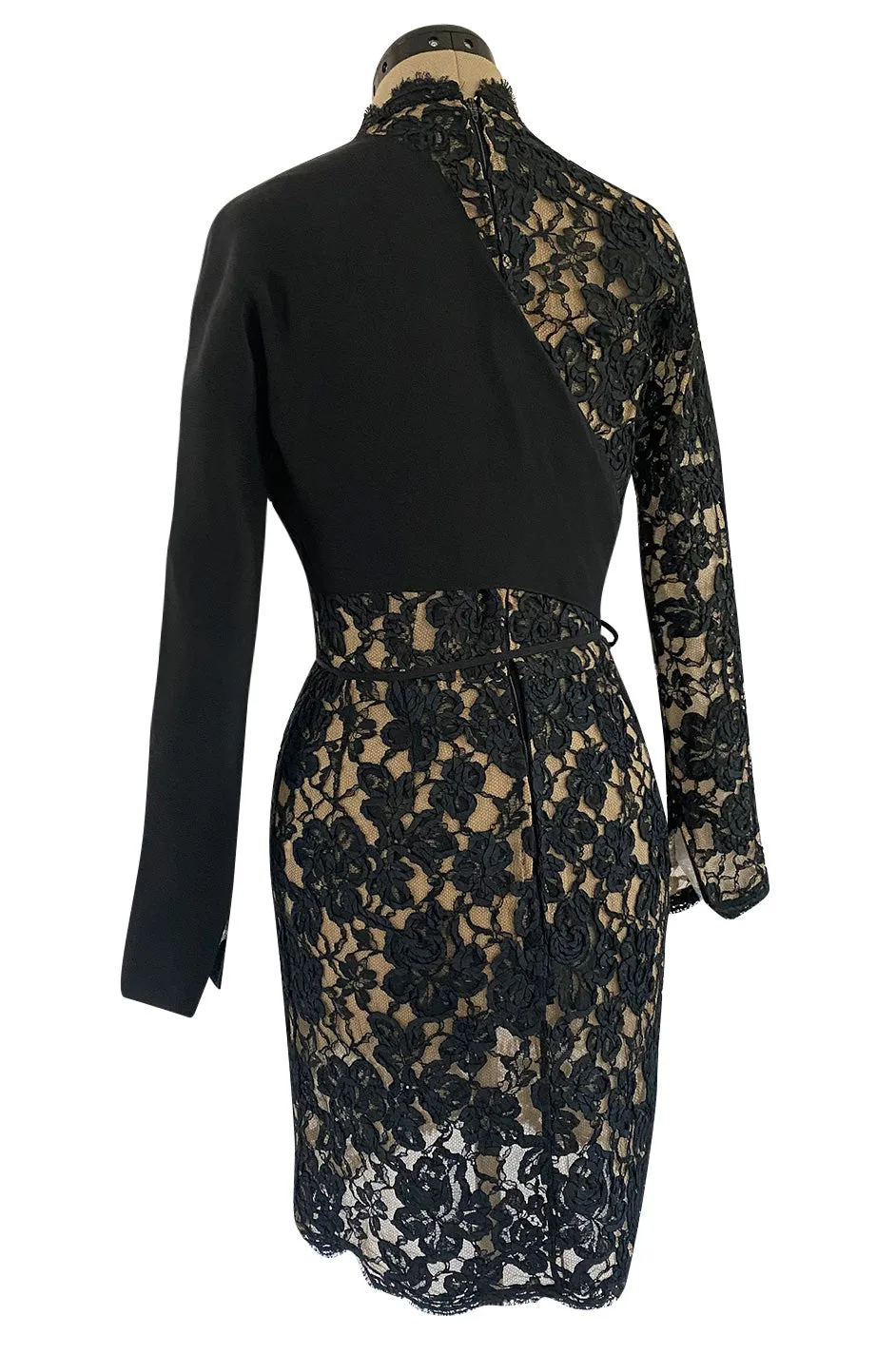 1990s Geoffrey Beene Black Ribbon Net Lace Dress w Nude Interior & Tied Panel Detailing