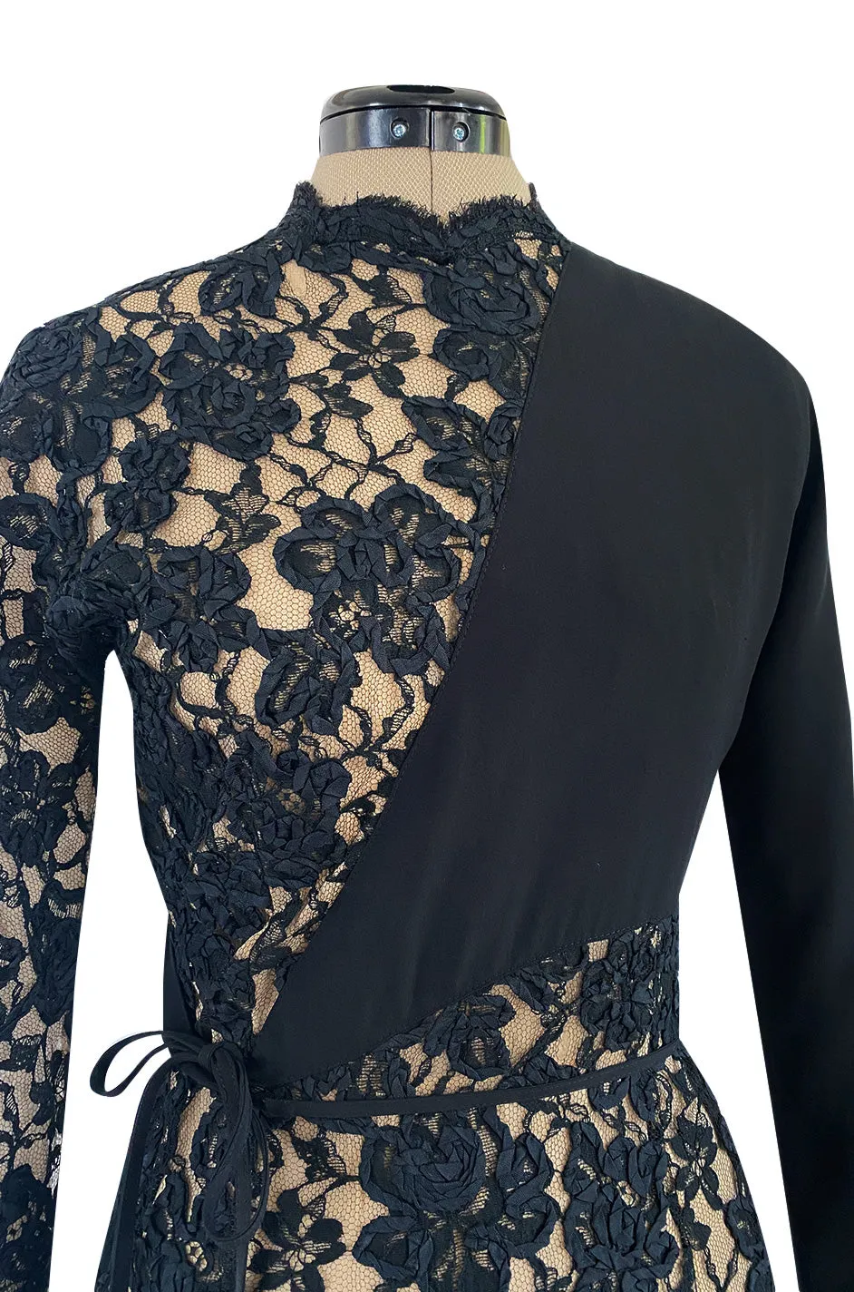 1990s Geoffrey Beene Black Ribbon Net Lace Dress w Nude Interior & Tied Panel Detailing