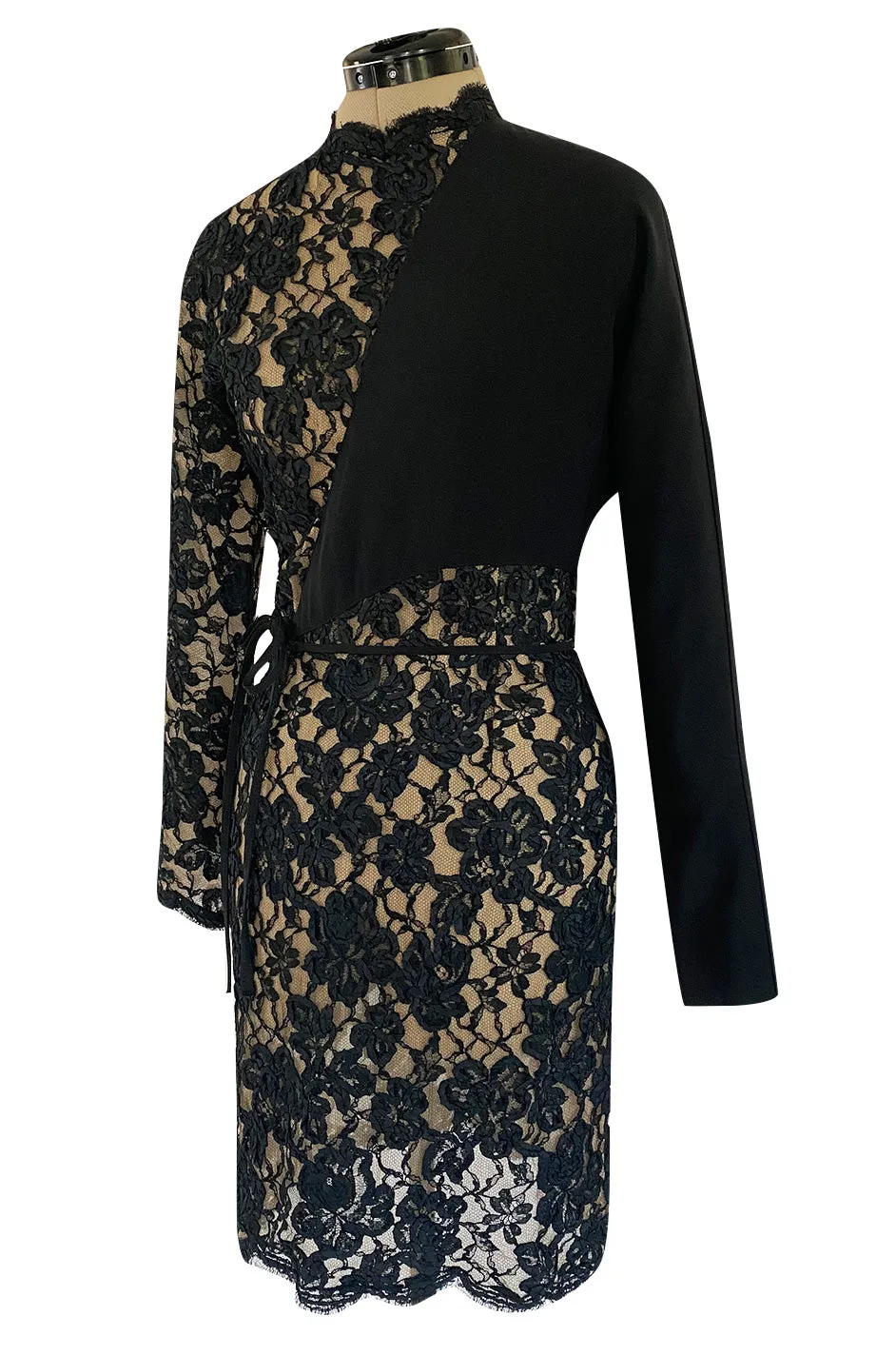 1990s Geoffrey Beene Black Ribbon Net Lace Dress w Nude Interior & Tied Panel Detailing