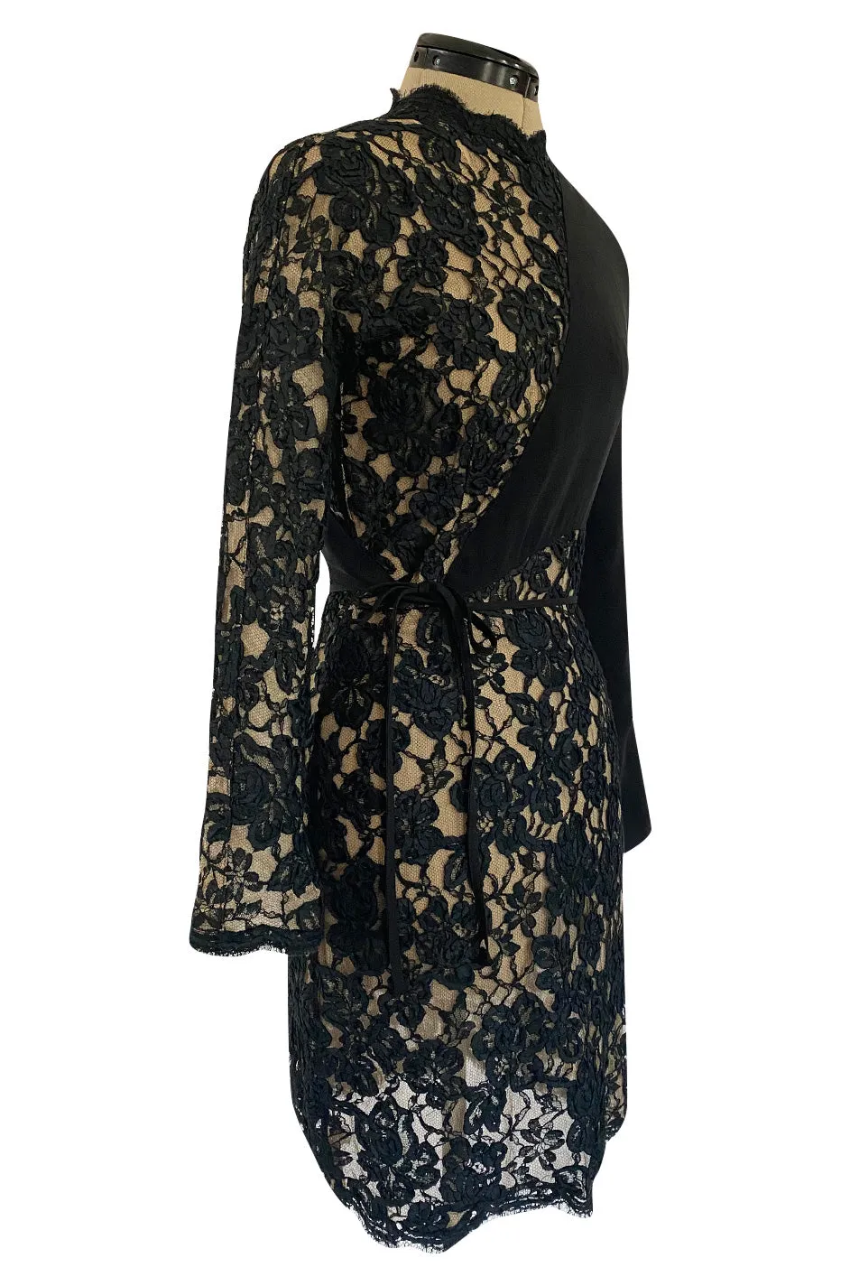 1990s Geoffrey Beene Black Ribbon Net Lace Dress w Nude Interior & Tied Panel Detailing