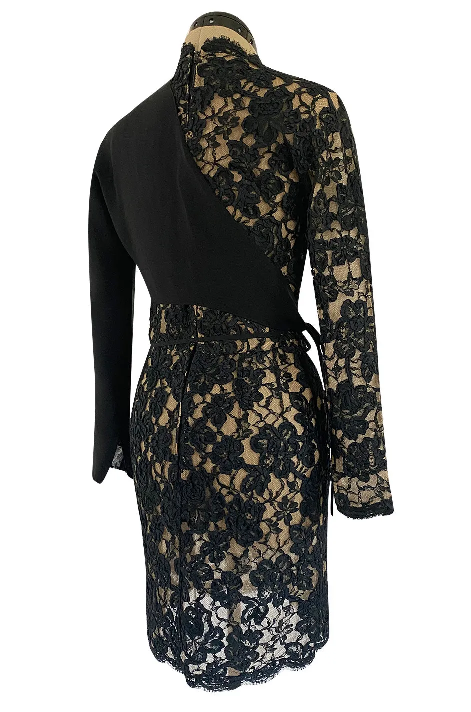 1990s Geoffrey Beene Black Ribbon Net Lace Dress w Nude Interior & Tied Panel Detailing