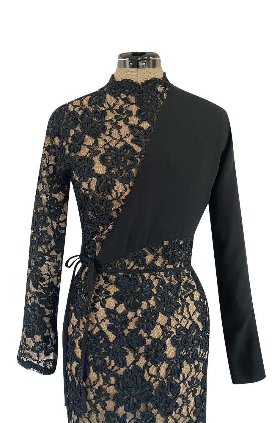 1990s Geoffrey Beene Black Ribbon Net Lace Dress w Nude Interior & Tied Panel Detailing
