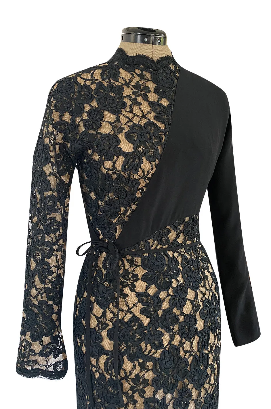1990s Geoffrey Beene Black Ribbon Net Lace Dress w Nude Interior & Tied Panel Detailing