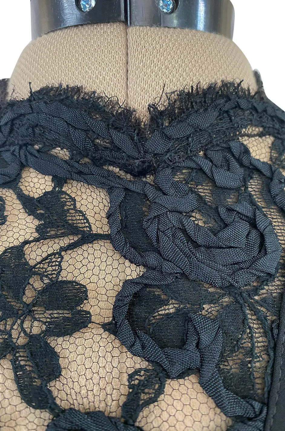 1990s Geoffrey Beene Black Ribbon Net Lace Dress w Nude Interior & Tied Panel Detailing