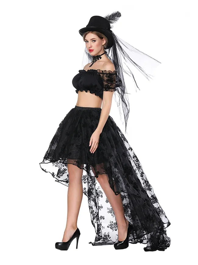 2 Pcs Halloween Steampunk Off Shoulder Crop Top with Skirt Set