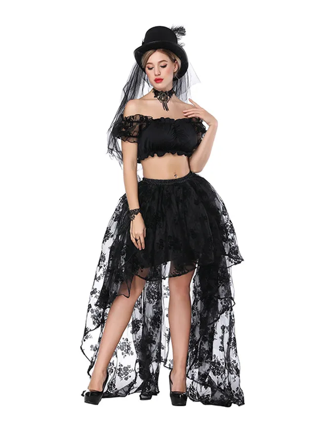 2 Pcs Halloween Steampunk Off Shoulder Crop Top with Skirt Set