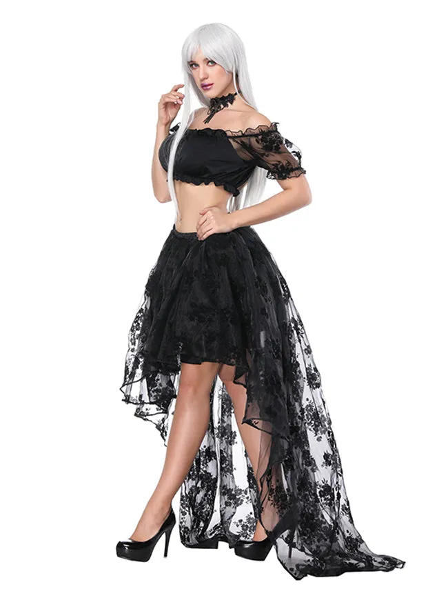 2 Pcs Halloween Steampunk Off Shoulder Crop Top with Skirt Set