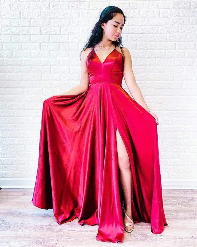 2019 Plus Size Satin Prom Dresses with V-Neck Long Prom Gowns Homecoming Dress Split