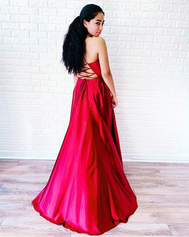 2019 Plus Size Satin Prom Dresses with V-Neck Long Prom Gowns Homecoming Dress Split