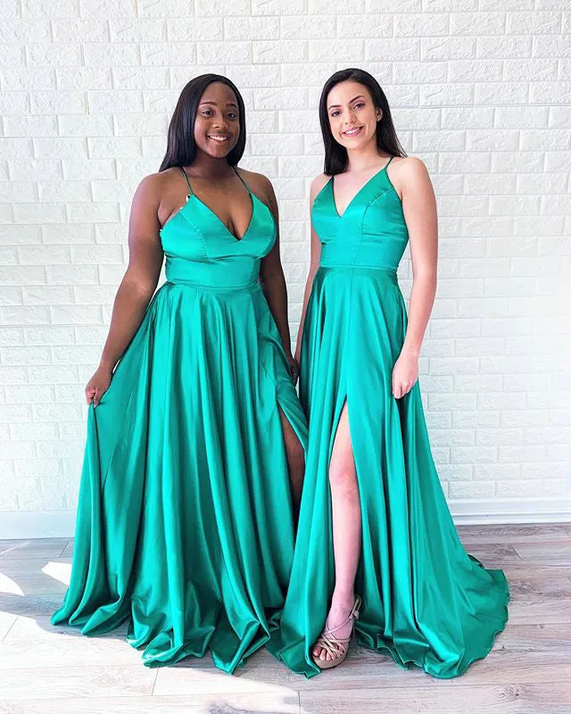 2019 Plus Size Satin Prom Dresses with V-Neck Long Prom Gowns Homecoming Dress Split