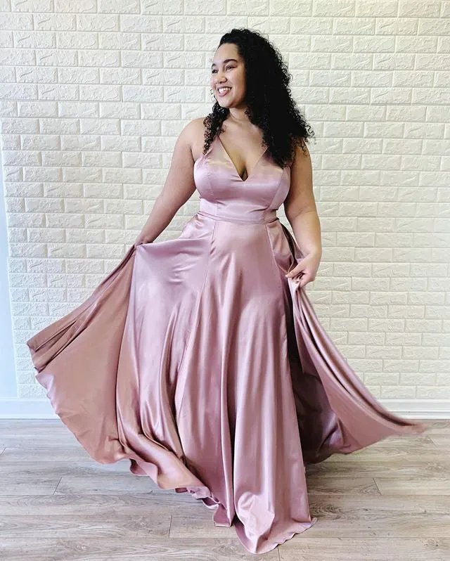 2019 Plus Size Satin Prom Dresses with V-Neck Long Prom Gowns Homecoming Dress Split