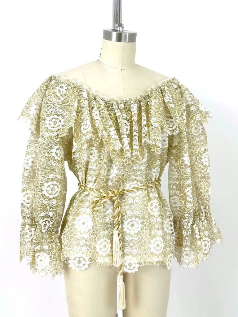 70s Giorgio Beverly Hills Lace Puff Sleeve Blouse