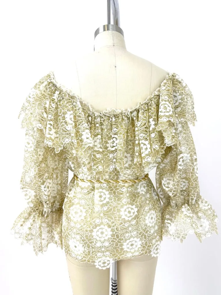 70s Giorgio Beverly Hills Lace Puff Sleeve Blouse