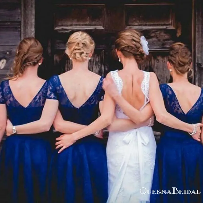 A-Line Bateau Short Sleeves Royal Blue Lace Bridesmaid Dresses, QB0803