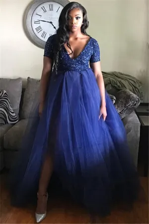 A Line Sequin Tulle Plus Size Prom Dresses Royal Blue High Waist Formal Dress