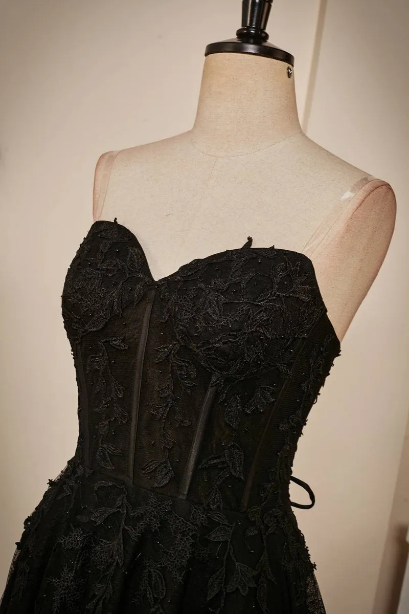 A Line Sweetheart Black Prom Dress Lace Corset Long Formal Evening Dress