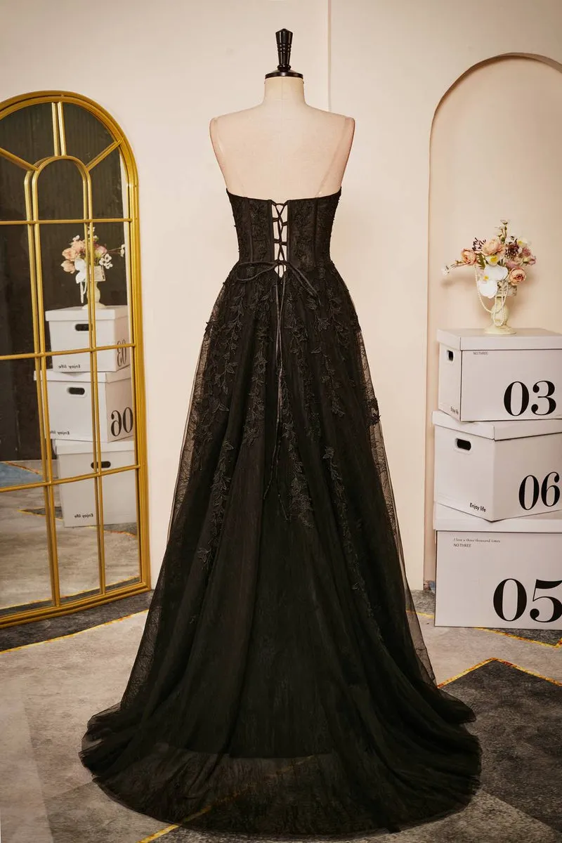 A Line Sweetheart Black Prom Dress Lace Corset Long Formal Evening Dress