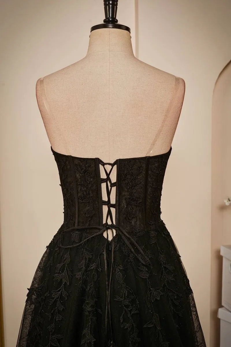 A Line Sweetheart Black Prom Dress Lace Corset Long Formal Evening Dress