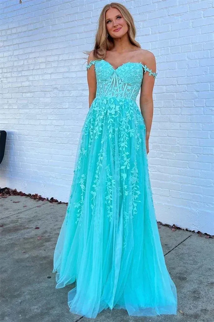 A-Line Tulle Floral Plus Size Lace Prom Dresses Applique Off-the-Shoulder