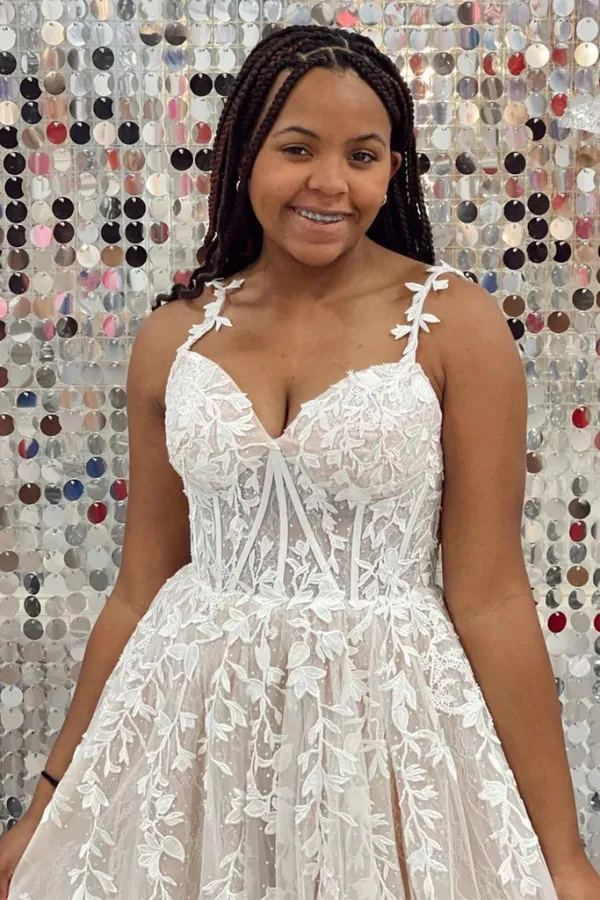 A Line V Neck Champagne Lace Long Prom Dress, Champagne Lace Formal Dress APP0758