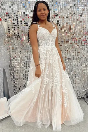 A Line V Neck Champagne Lace Long Prom Dress, Champagne Lace Formal Dress APP0758