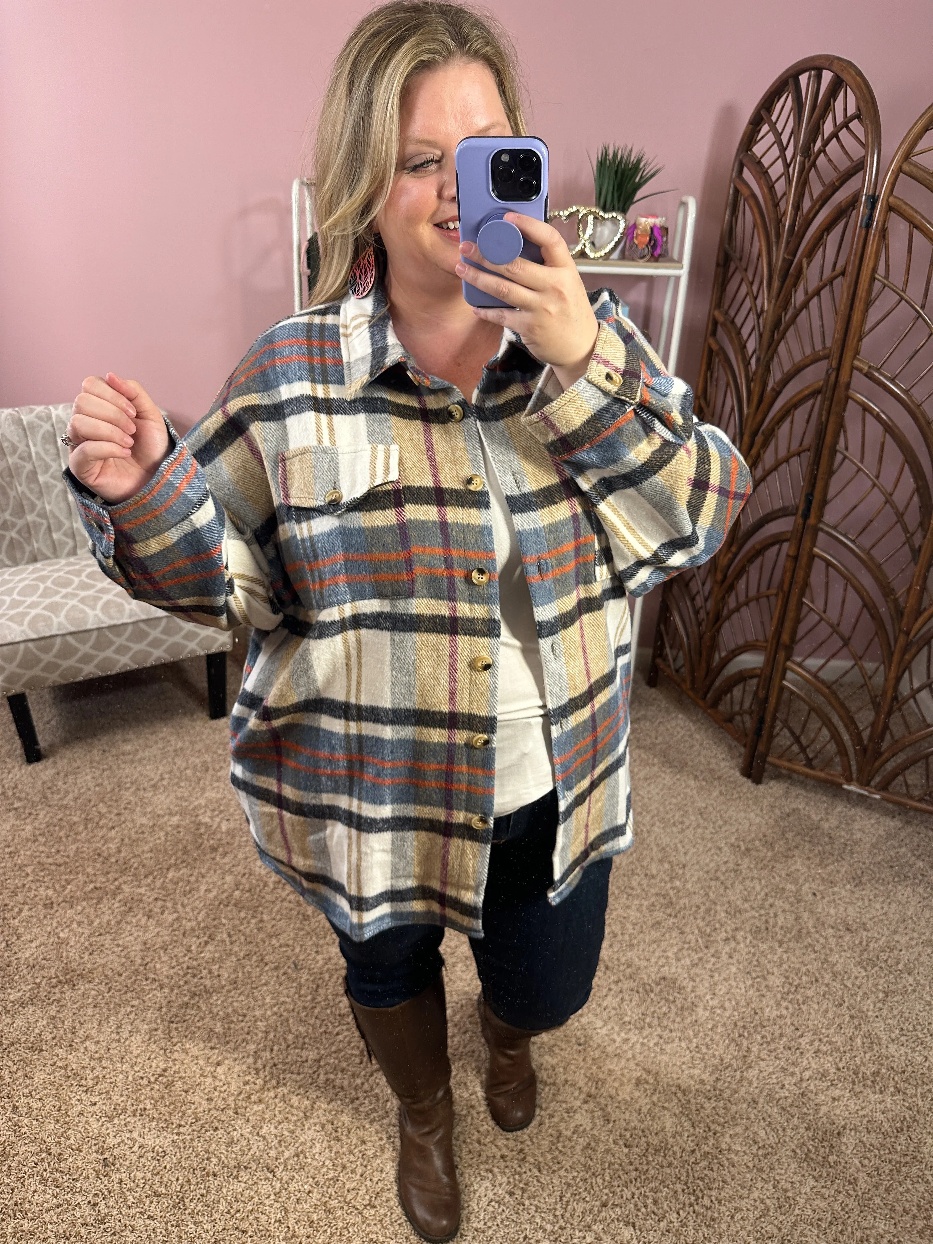 A Little Spunk Plaid Shacket - Taupe Mix
