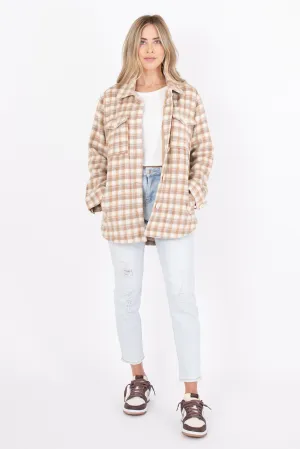 Adult Cream, Tan & Blue Plaid Shacket..
