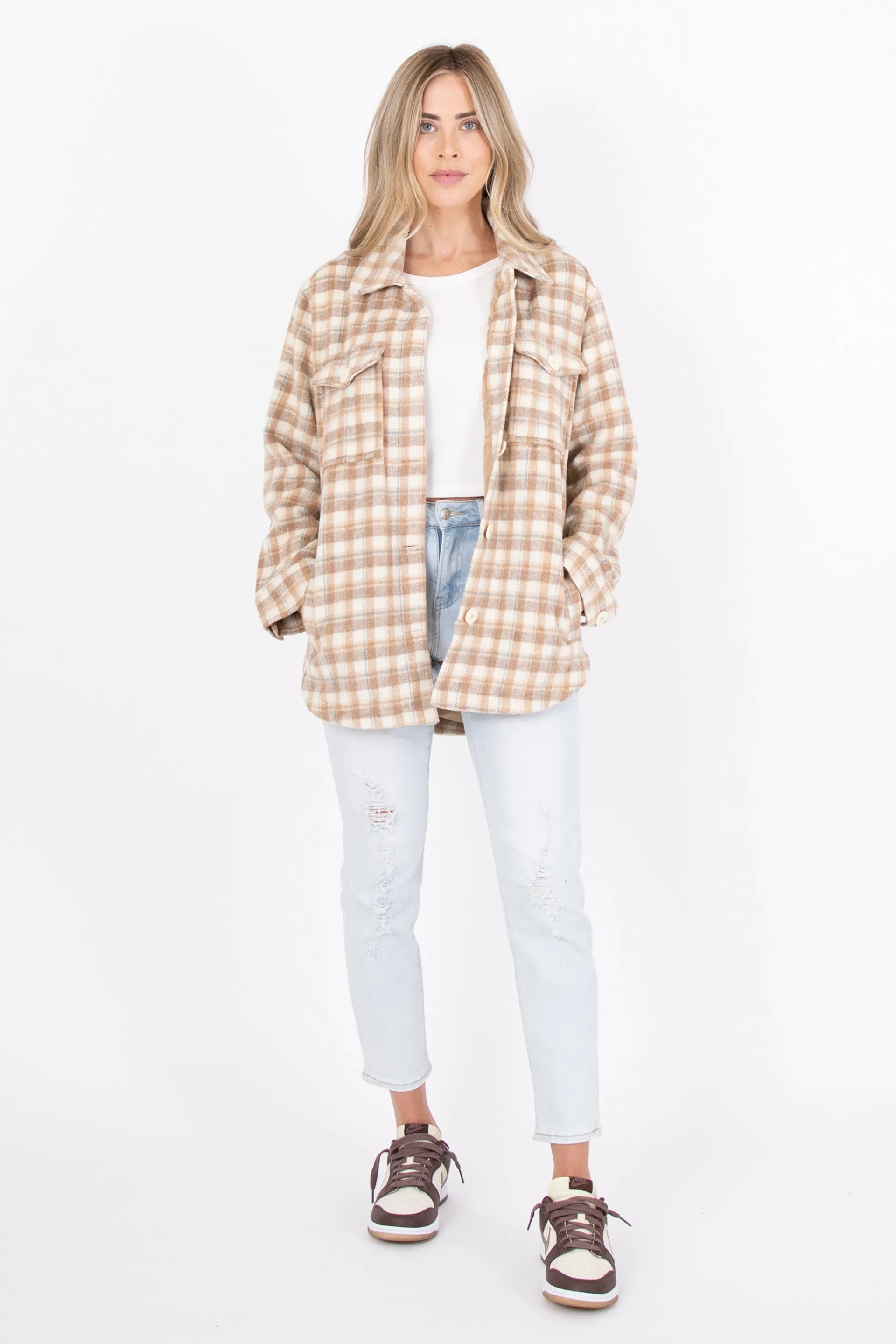 Adult Cream, Tan & Blue Plaid Shacket..