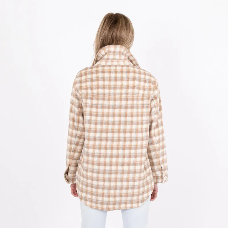 Adult Cream, Tan & Blue Plaid Shacket..