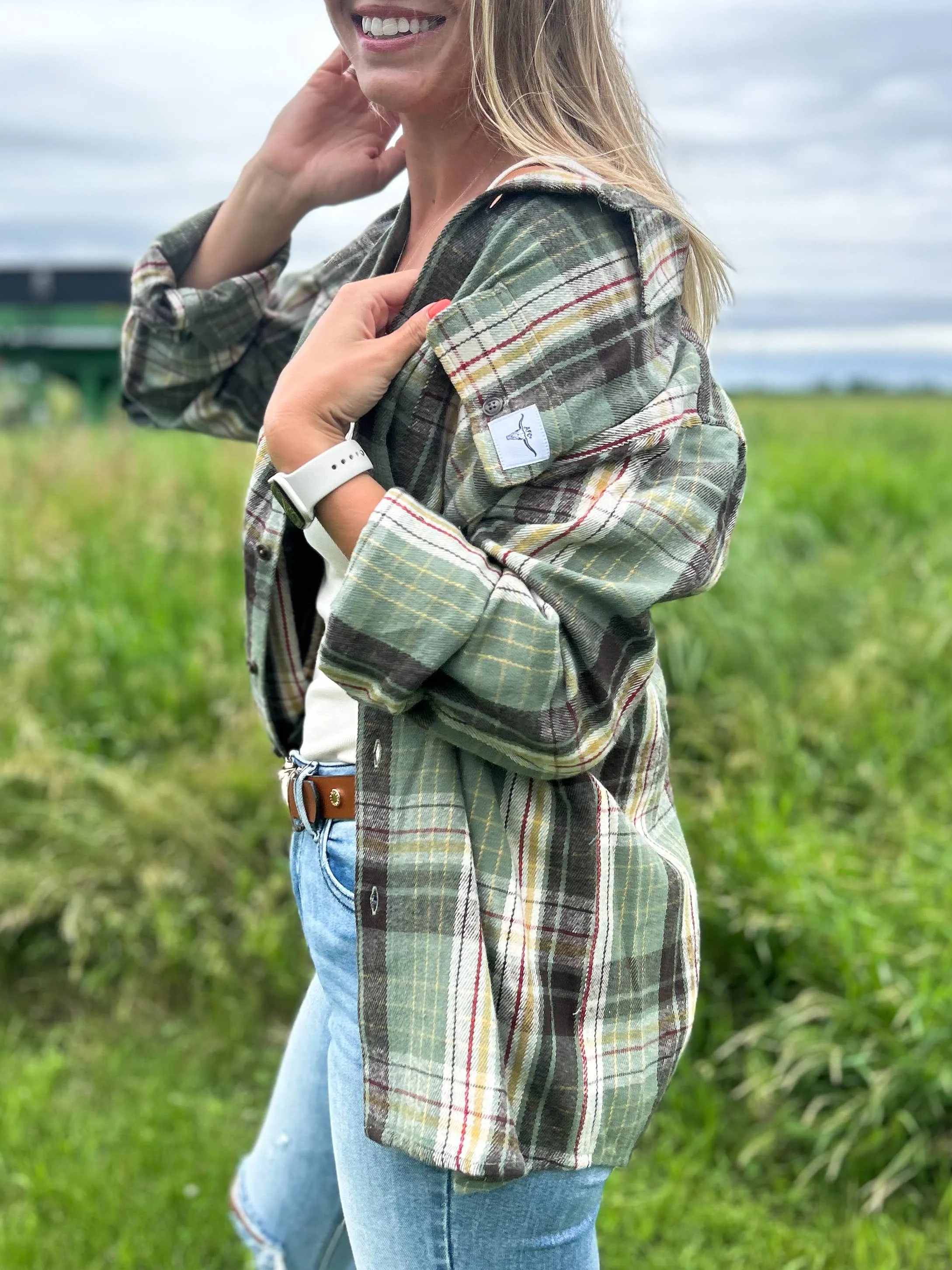AFC Western Fall Sage Green Plaid Flannel Shacket