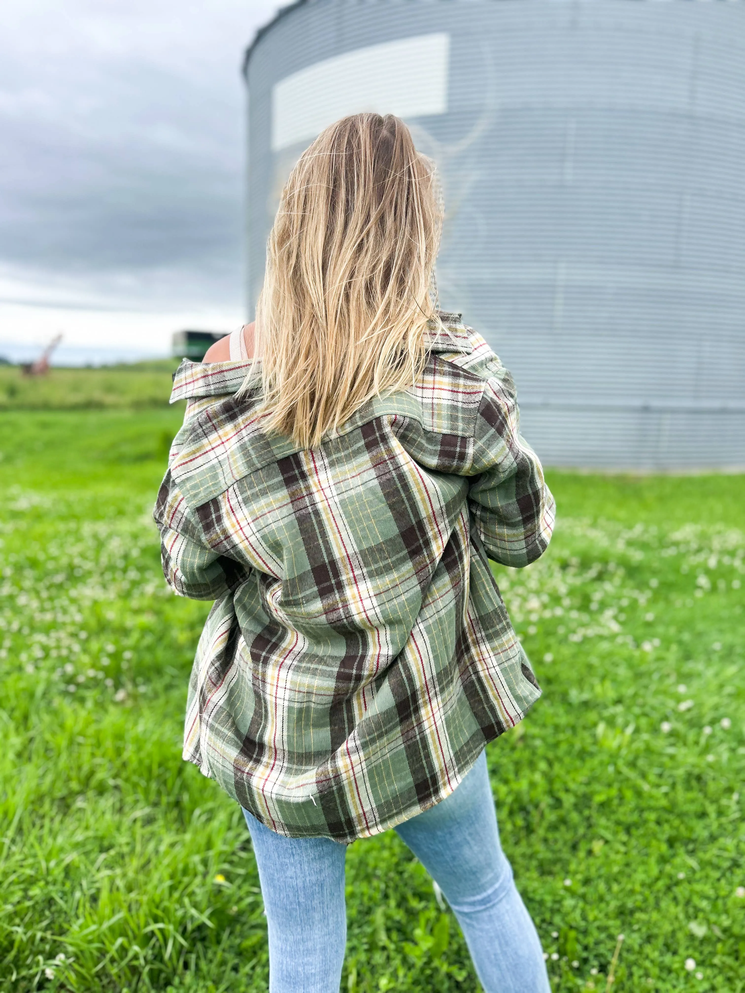 AFC Western Fall Sage Green Plaid Flannel Shacket