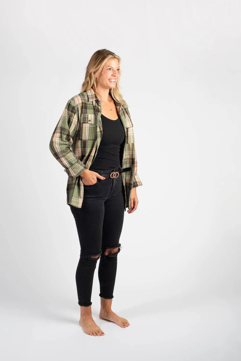 AFC Western Fall Sage Green Plaid Flannel Shacket