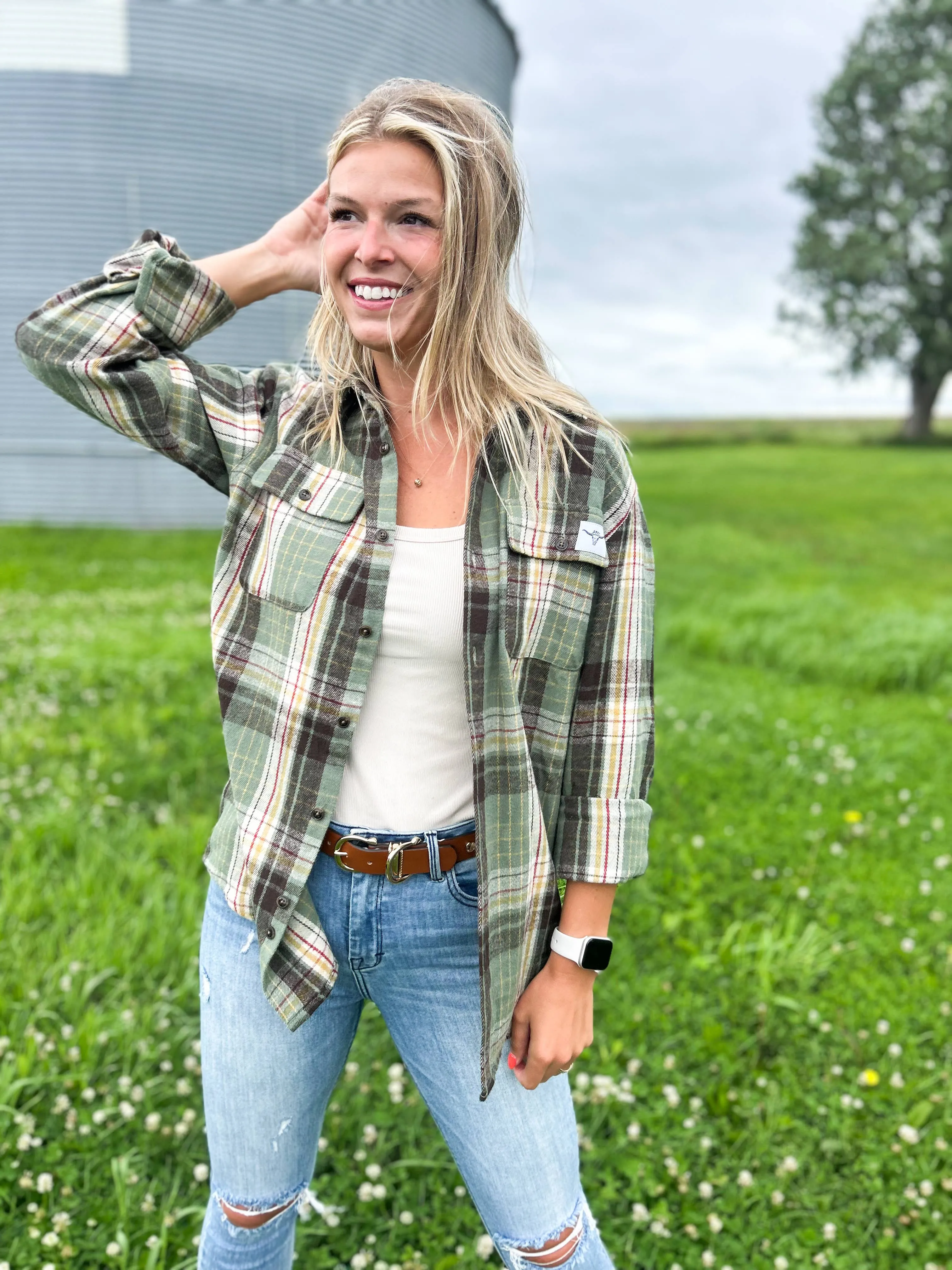 AFC Western Fall Sage Green Plaid Flannel Shacket