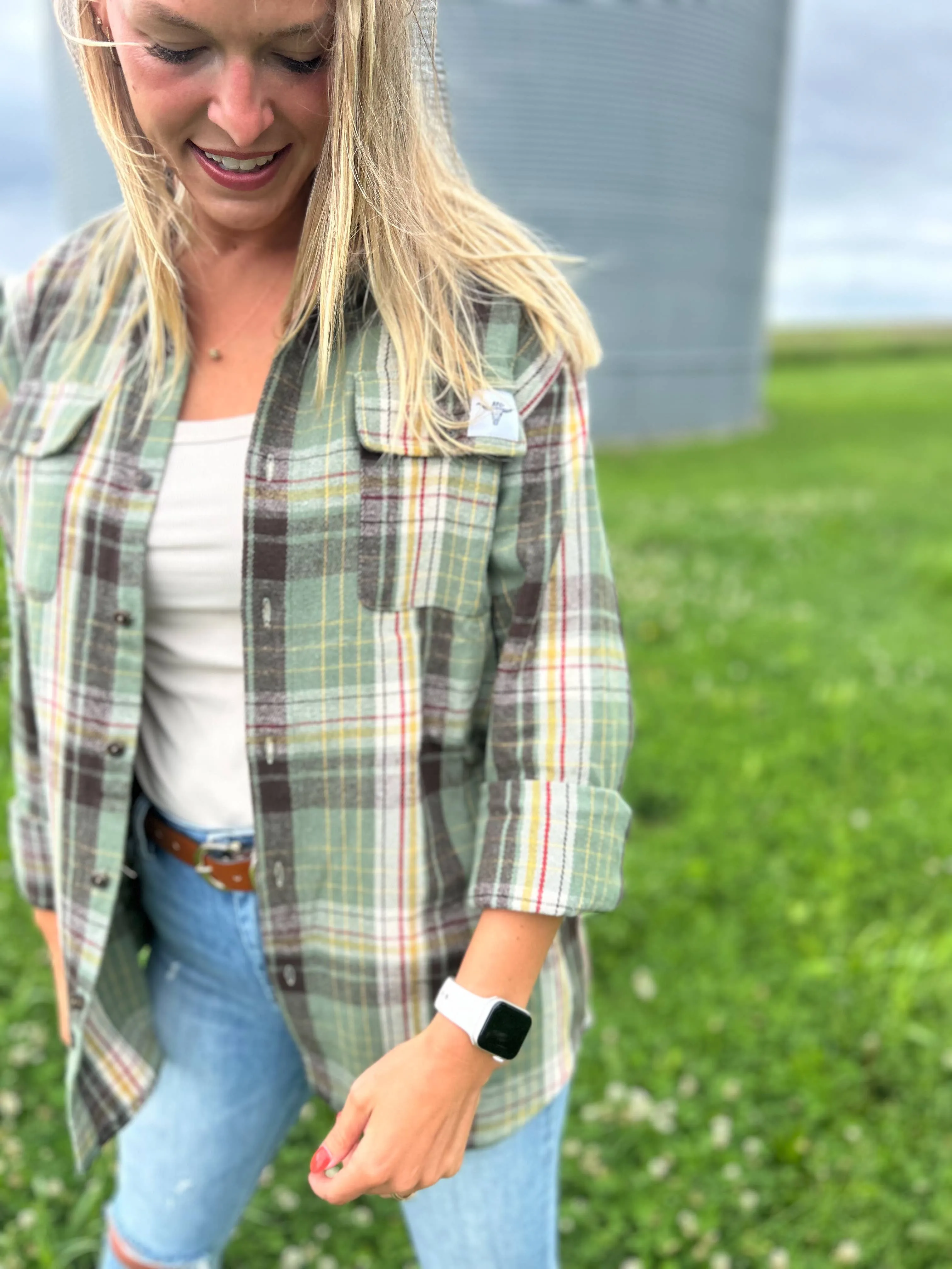 AFC Western Fall Sage Green Plaid Flannel Shacket